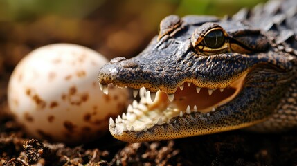 Fototapeta premium Crocodile with an egg in a natural environment, focused on the reptile's features.