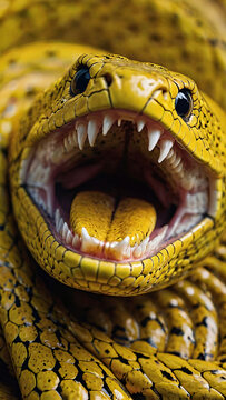 Close up portrait of a snake. Yellow python withared teeth, showcasing its mouth detailed wide scales open