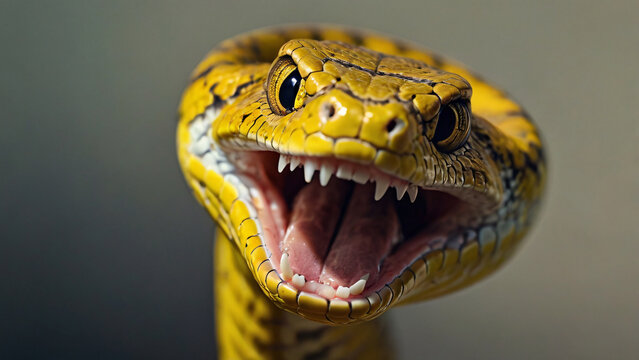 Close up portrait of a snake. Yellow python withared teeth, showcasing its mouth detailed wide scales open