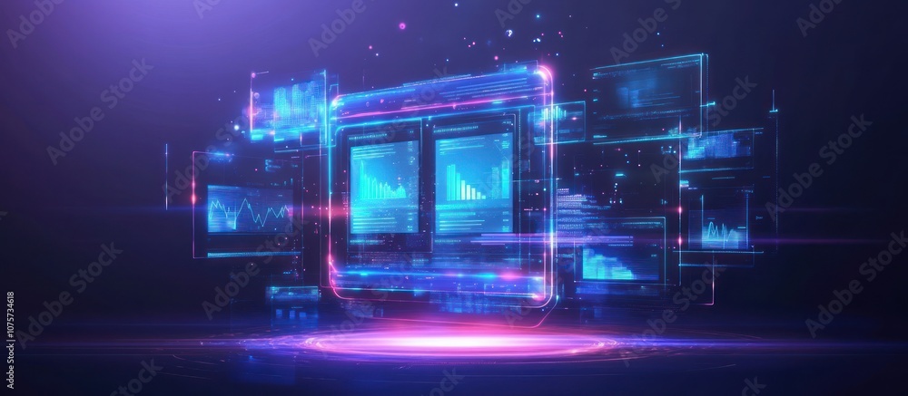 Aufkleber a futuristic digital interface showcasing data analytics and visualizations.