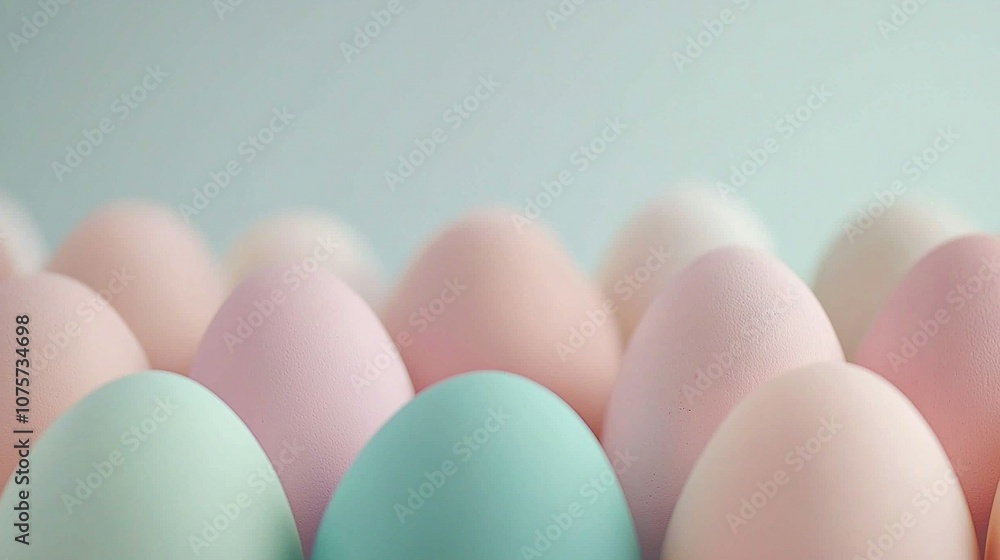 Poster a row of pastel-colored eggs with one egg in the center and another in the end of the row