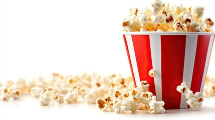 Fresh popcorn spilling from a classic red and white striped bucket, white isolate background.