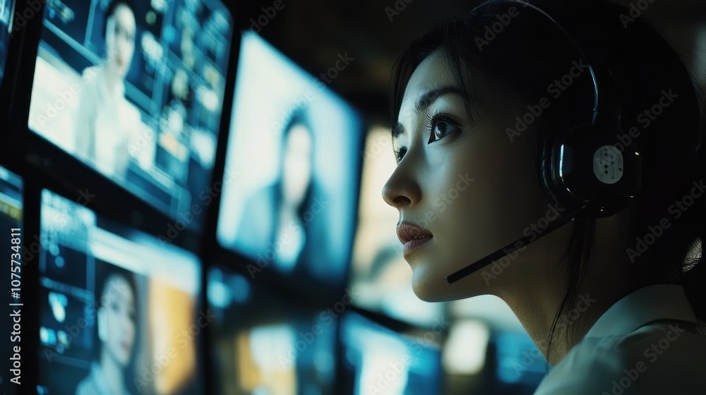 Poster a focused individual wearing a headset, engaged with multiple screens displaying video calls.