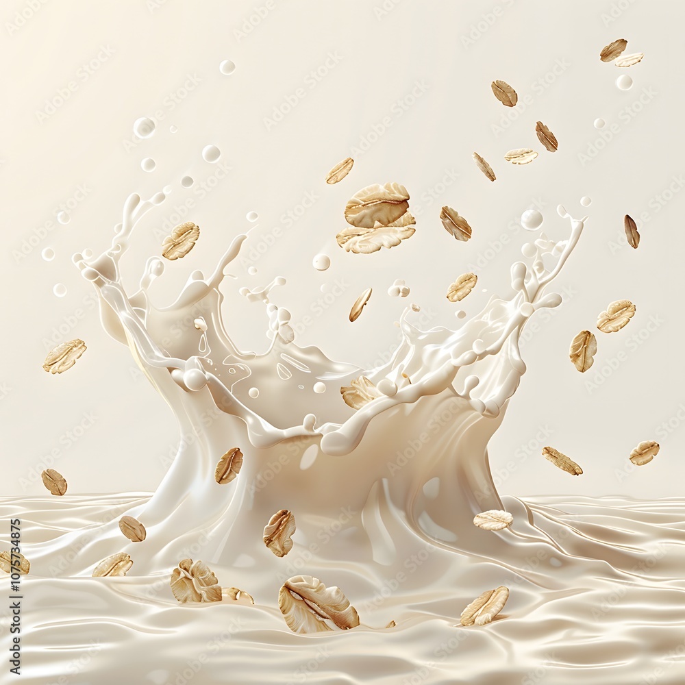 Poster a splash of milk with oats creating a dynamic, appetizing scene.
