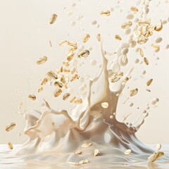 A dynamic splash of creamy liquid with oats, illustrating a fresh and healthy breakfast concept.