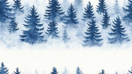   A serene watercolor painting captures the essence of a dense forest shrouded in mist, where snow blankets the ground and a vivid blue sky peeks through the canopy above