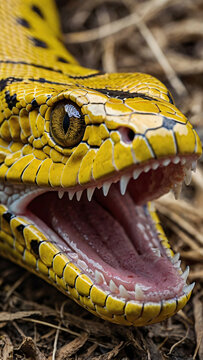 Close up portrait of a snake. Yellow python withared teeth, showcasing its mouth detailed wide scales open
