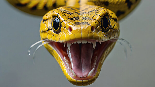 Close up portrait of a snake. Yellow python withared teeth, showcasing its mouth detailed wide scales open