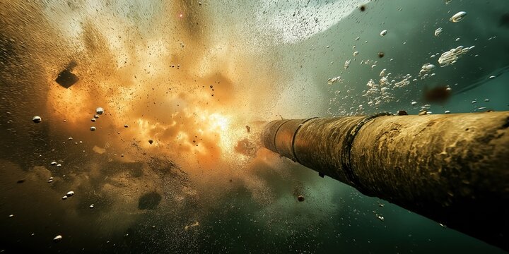 Underwater gas pipeline exploding, releasing bubbles and debris