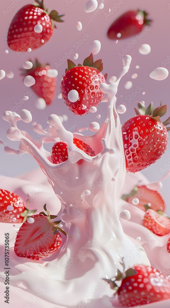 Poster fresh strawberries splashing in milk, creating a dynamic and appetizing visual.
