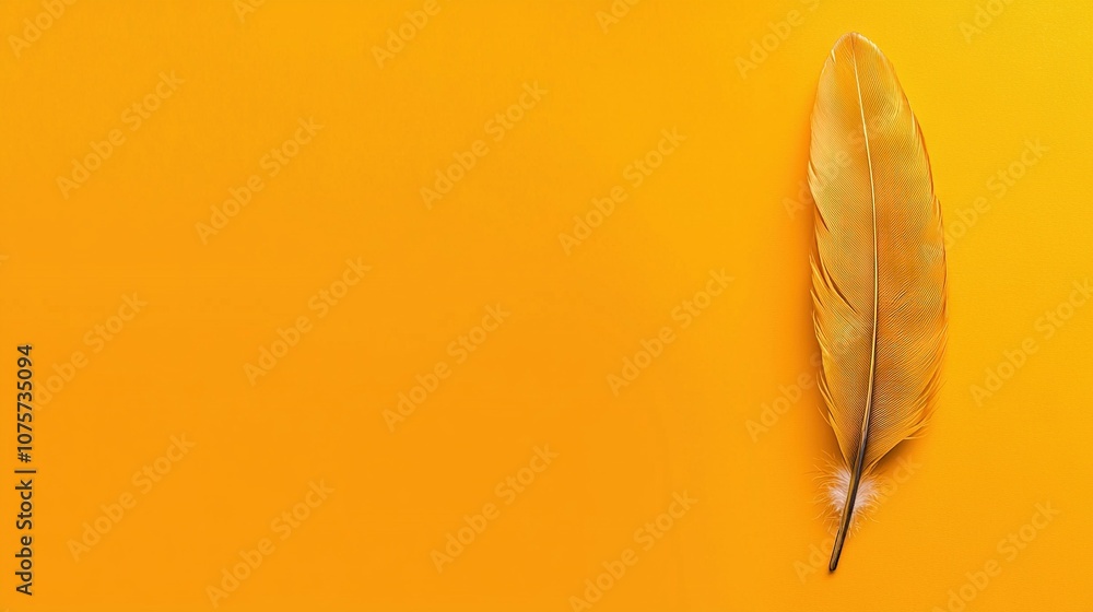 Poster a yellow background with a single feather on the left side, and a yellow background with a single fe