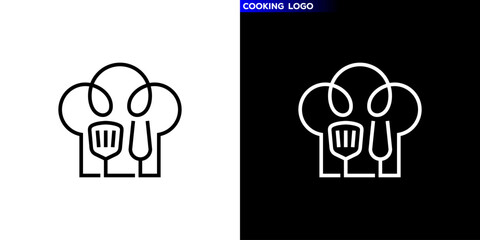 Chef logo. Chef hat and cooking utensils in simple line style. Icon symbol design template EPS 10.