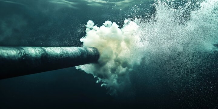 Underwater gas pipeline explosion releasing bubbles and smoke