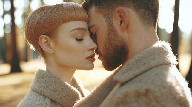Intimate moment shared between a couple amidst golden autumn foliage in a serene forest setting