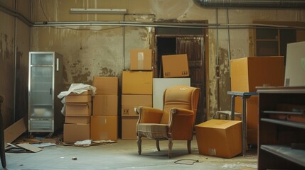 A Single Armchair Amidst Cardboard Boxes in an Empty Room