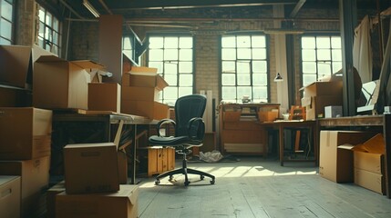 A Single Office Chair in a Cluttered Room with Cardboard Boxes
