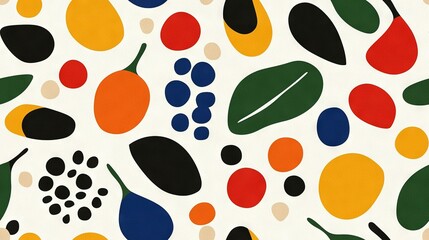   A colorful arrangement of fruits and leaves on a white backdrop featuring shades of black, red, yellow, green, blue, and orange