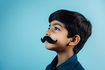 Young Indian boy wearing a fake moustache against a blue studio background with copy space as concept for Movember men's mental health