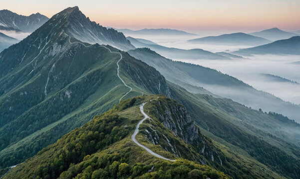 A winding road leads up a mountainside, surrounded by fog and distant peaks