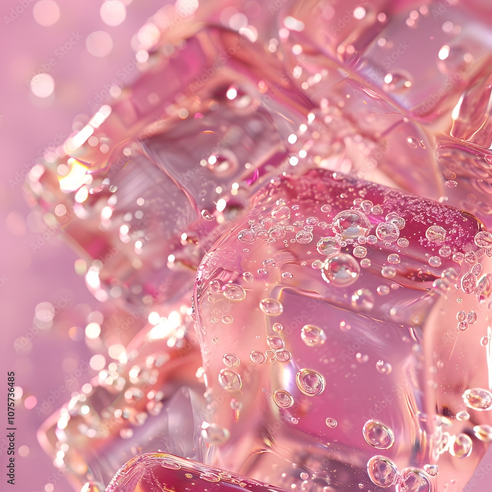 Poster a close-up of ice cubes with bubbles in a pink background, creating a refreshing aesthetic.