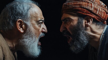 Two bearded men with angry expressions facing each other.