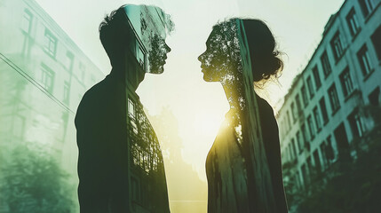 Embracing nature's whisper, lovers stand intertwined in soft light, reflecting dreams amidst a vibrant urban backdrop at golden hour