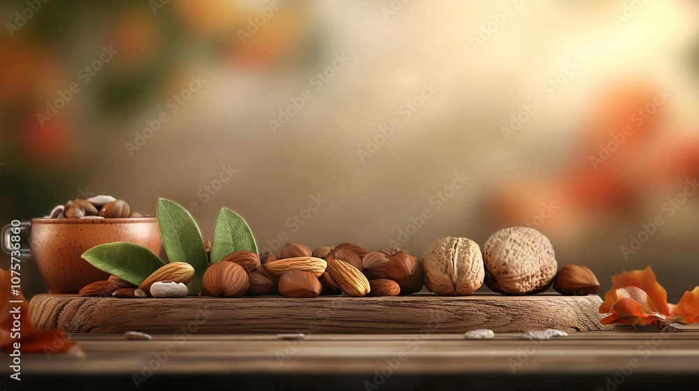 Poster a close-up of nuts in a bowl on a table with leaves and a pot of nuts in the background