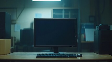 A computer monitor sits on a desk in a dimly lit office.