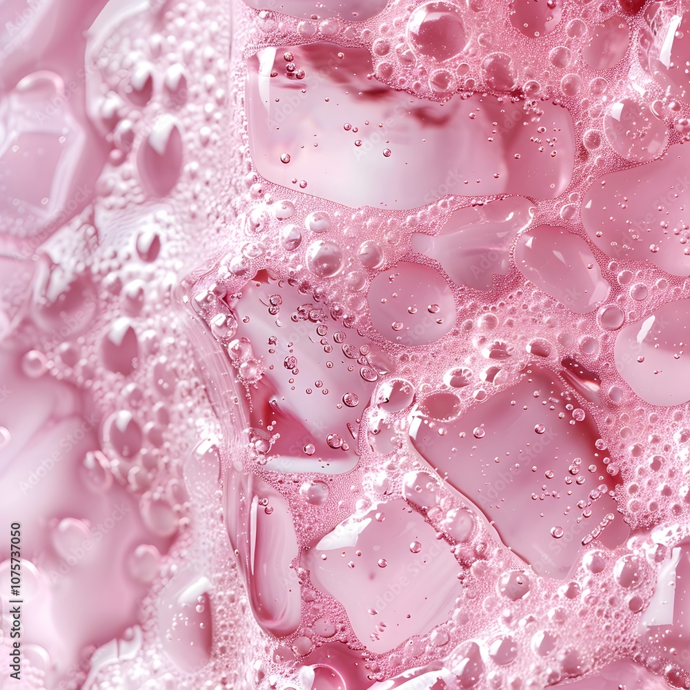 Poster close-up of pink liquid with ice cubes and bubbles, creating a refreshing beverage appearance.