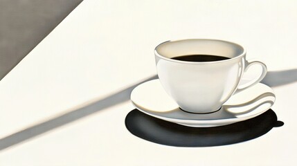 Obraz premium A painting depicts a cup of coffee on a saucer with a banana shadow beside it