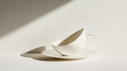   A white cup and saucer rest atop a table with a shadow behind it, casting a light reflection onto the wall