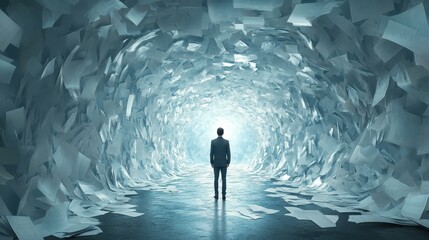 A lone figure stands in a surreal tunnel filled with floating papers, symbolizing overwhelming tasks and solitude.