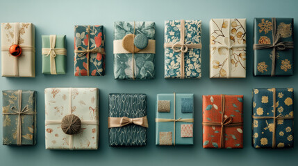 A colorful arrangement of beautifully wrapped presents, featuring intricate designs and ribbons against a blue backdrop.