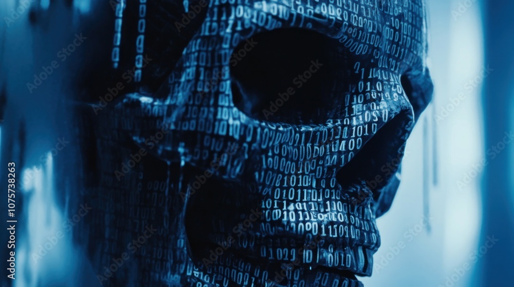 Poster a digital skull composed of binary code, representing technology and data themes.