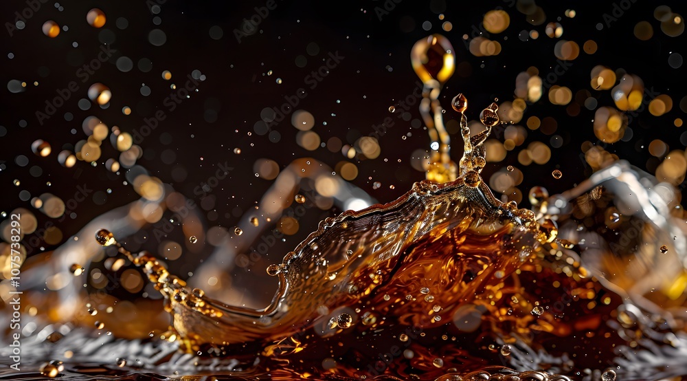 Aufkleber close-up of liquid splashes, showcasing dynamic motion and texture in a dark background.