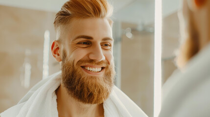 A joyful bearded man admires his reflection in the mirror, exuding positivity and confidence in his daily life.