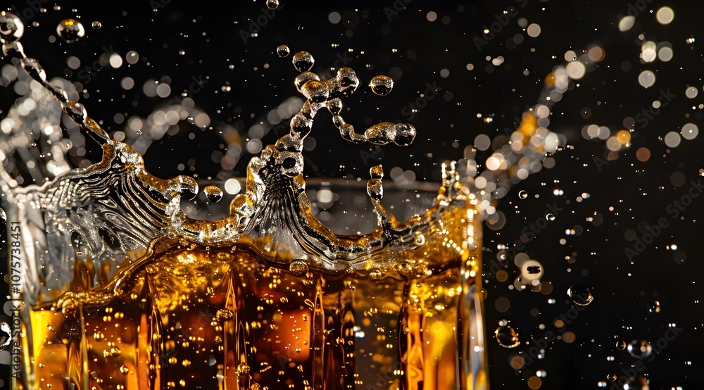 Poster a dynamic splash of a beverage in a glass, highlighting fluid motion and texture.