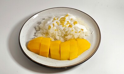 Mango sticky rice. Thai dessert made with glutinous rice, fresh mango and coconut milk. khao niew ma muang