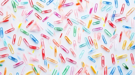 A colorful assortment of paper clips scattered on a surface, showcasing vibrant hues and variety.