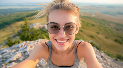 A young female hiker snaps a joyful selfie atop a stunning mountain peak, capturing natures beauty around her.