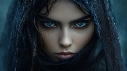 A woman with piercing blue eyes stares intensely at the camera, her face partially obscured by a dark veil.