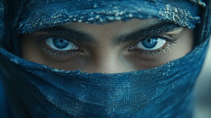 Close-up portrait of a woman's piercing blue eyes, partially covered by a blue fabric headscarf.