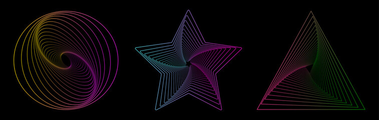 Set of colored twisted spirals. Twisted wireframe tunnels of different shapes: circle, star, triangle isolated on a dark background. Design element. Swirlings. Gradient thin lines.