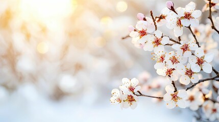 A serene close-up of delicate cherry blossoms blooming, softly illuminated by warm sunlight in a tranquil, snowy setting.