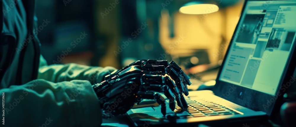 Poster a robotic hand typing on a laptop, suggesting advanced technology and artificial intelligence.