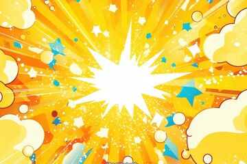 Vibrant comic-style background in yellow and white featuring polka dots and energetic lines, creating a cheerful and dynamic pop art effect..