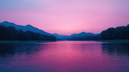 Fototapeta premium A serene lake at sunset, reflecting vibrant purple and pink hues, surrounded by mountains and lush greenery.