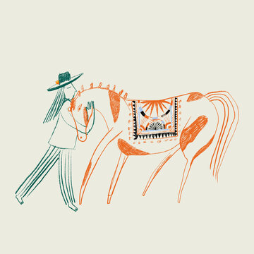 Woman with horse illustration featuring desert colors