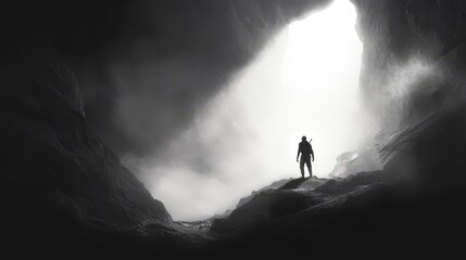 Fototapeta premium A lone figure stands silhouetted at the mouth of a cave, looking out towards a bright, white light. 