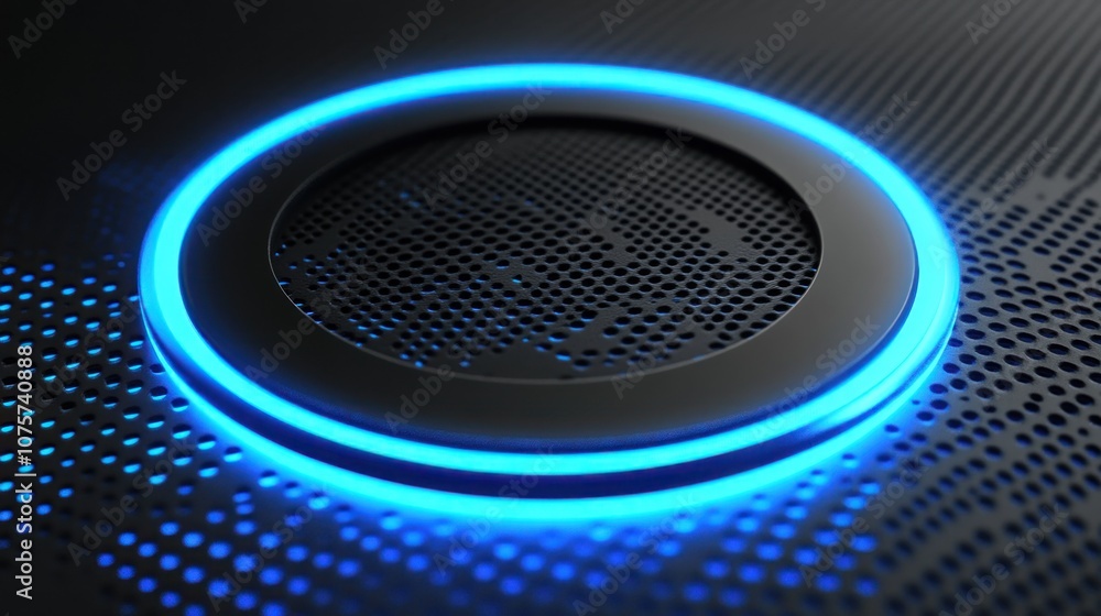 Poster a close-up of a circular device with a glowing blue ring, suggesting a tech interface.